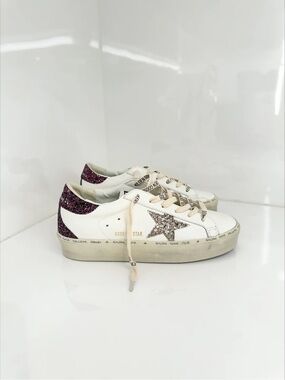 Golden Goose Hi Star Sneakers with Purple Glitter Heel and Silver Glitter Star